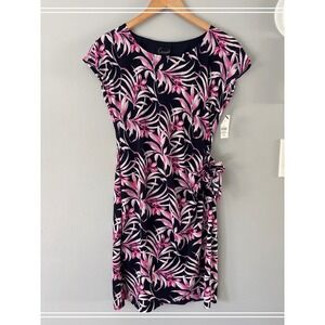 Connected Apparel Pink Navy Tropical Palm Sheath Faux Wrap Dress  Size 4